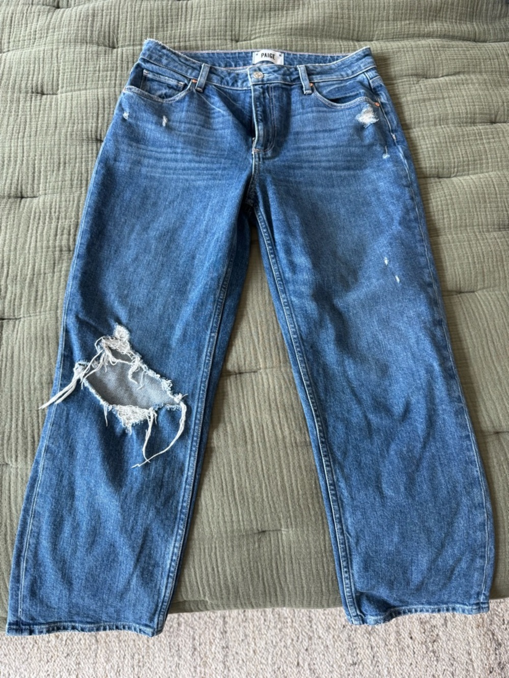 PAIGE Blue Distressed Cropped Boyfriend Jeans
